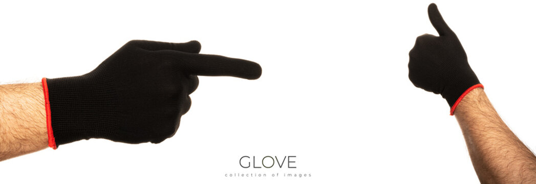 A man's hand in a black fabric work glove isolated on white background.