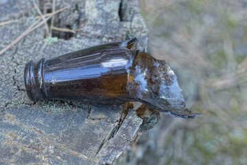 one piece of the neck of a broken brown glass bottle lies on a gray wooden stump on the street