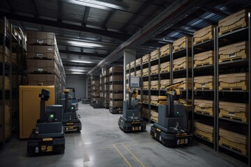 warehouse, with a variety of robots performing different tasks, such as sorting goods or loading trucks, created with generative ai