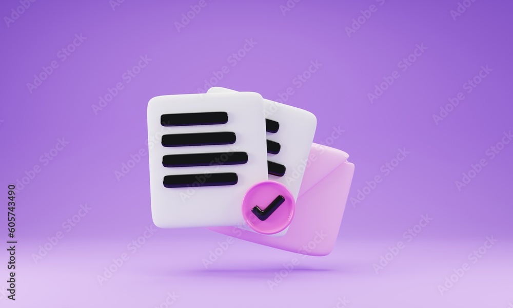 Poster mail with paper sheet and checklist icon isolated on purple background. 3d rendering illustration