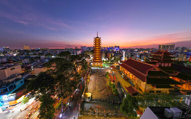 Sun set in Vietnam Quoc Tu pagoda, Ho Chi Minh city, Vietnam. Photo taken on February 2023
