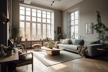 Fototapeta na wymiar Warm and inviting Scandinavian living room with natural light and comfortable decor. Generative AI