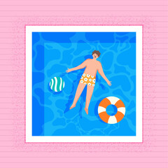 hello summer banner or poster with human on the swimming pool, pink and blue background. vector, illustration