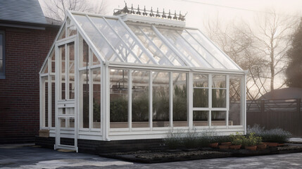 Elegant greenhouse in home garden.