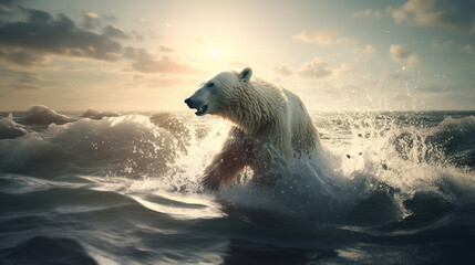 Polar bear running on the water with sun in the background.
