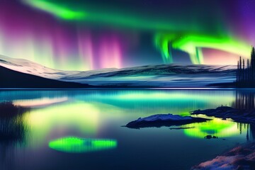 Lake with Northern lights or Aurora borealis in the sky over it, night - generative ai
