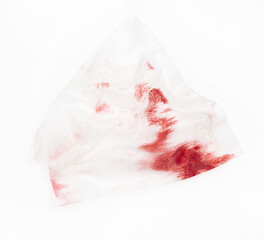 Bloody wet wipes isolated on white background. napkins stained with blood. bleeding handkerchief