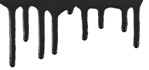 Dripping black paint isolated on white background. Flowing fuel oil splashes, drops and trail.