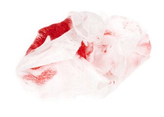 Bloody wet wipes isolated on white background. napkins stained with blood. bleeding handkerchief