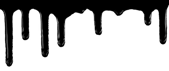 Dripping black paint isolated on white background. Flowing fuel oil splashes, drops and trail.
