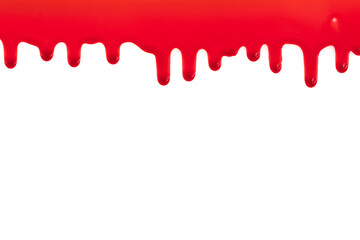 Dripping blood isolated on white background. Flowing bloody stains, splashes and drops. Trail and drips red blood close up. - obrazy, fototapety, plakaty