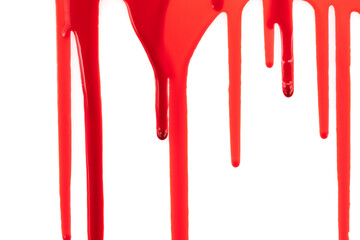 Dripping blood isolated on white background. Flowing bloody stains, splashes and drops. Trail and...