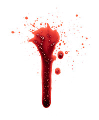 Dripping blood isolated on white background. Flowing bloody stains, splashes and drops. Trail and drips red blood close up.