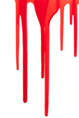 Dripping blood isolated on white background. Flowing bloody stains, splashes and drops. Trail and...