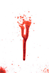 Dripping blood isolated on white background. Flowing bloody stains, splashes and drops. Trail and...