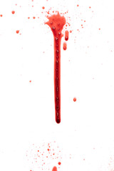Dripping blood isolated on white background. Flowing bloody stains, splashes and drops. Trail and...