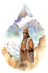 A painting of a native man standing in front of a mountain. Generative AI. Protective powerful pachamama, the Earth Mother spirit.