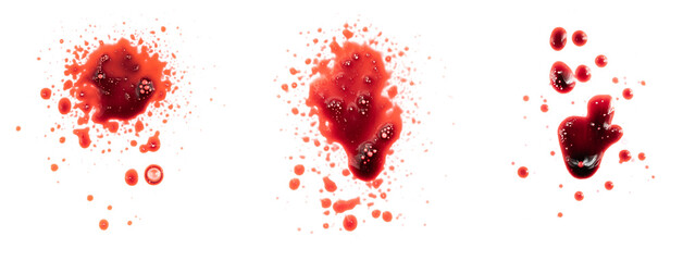 Set dripping blood isolated on white background. Collage flowing bloody stains, splashes and drops. Trail and drips red blood close up. - obrazy, fototapety, plakaty