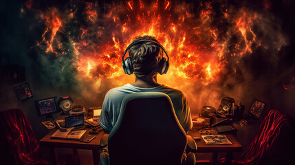 Illustration of young man sitting in front of computer with headphones and the screen exploding with vibrant colors.