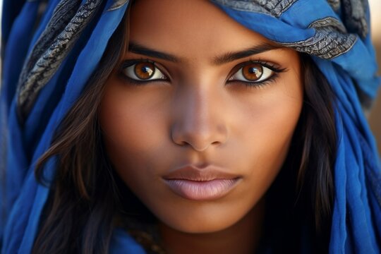 Portrait of Beautiful Tuareg Woman in Blue Silk Scarf Generative AI