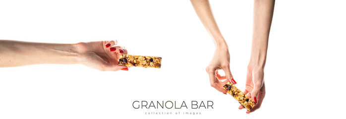 Healthy granola bar (muesli or cereal bar) isolated on white background. Muesli bar in females...