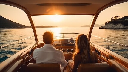 Woman and man relaxing on a yacht in a beautiful clear sea against the sunset. relaxing luxury.