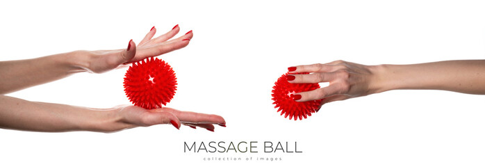 Massage red ball in female hand for trigger points isolated on a white background. Concept of...