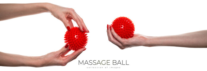 Massage red ball in female hand for trigger points isolated on a white background. Concept of...