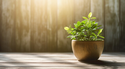 Elegant flower pot with green plant. space for text. minimalist scene.
