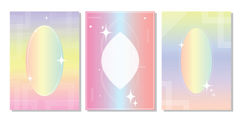 Pastel gradient frame. Purple pink Blue and yellow background with geometric shapes circle zigzag star lines and curly lines.