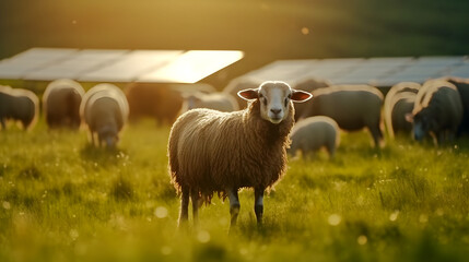 Sheep grazing in the evening sun in front of solar panels, generative ai