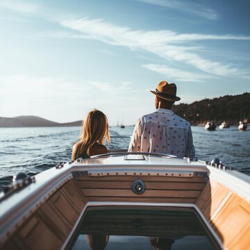Woman and man relaxing on a yacht in a beautiful clear sea against the sunset. relaxing luxury.