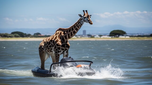 Giraffe on a jetski on background sea. Generative Ai.