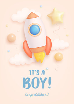 Baby shower invitation with cartoon rocket, clouds and helium balloons on beige background. It's a boy. Vector illustration