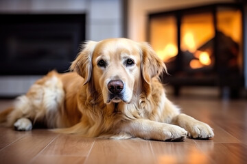A dog laying on the floor in front of a fireplace. Generative AI.