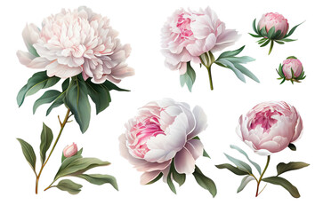 set of  pink peony flowers with leaves, isolated. Generative AI  