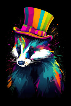 A raccoon wearing a top hat on a black background. Generative AI. Vibrant T-shirt design.