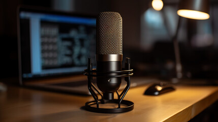 Podcast microphone in the foreground with computer in the background.