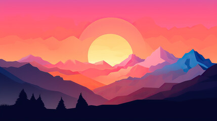 Illustration of sunset with mountains and pastel colors.