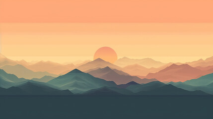 Fototapeta premium Illustration of sunset with mountains and pastel colors.