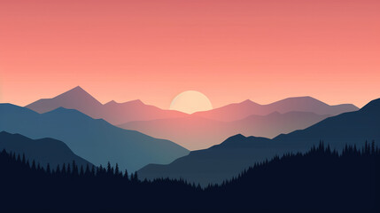Illustration of sunset with mountains and pastel colors.