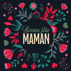 Fototapeta premium Greeting card for Mother's day. To celebrate all mothers and say i love you to them. Floral ornaments, vector items separated. French copy, spring pattern.