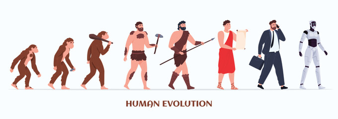 Illustration of human evolution. Development from ape to man and to humanoid robot. The progress of the human being. Vector illustration