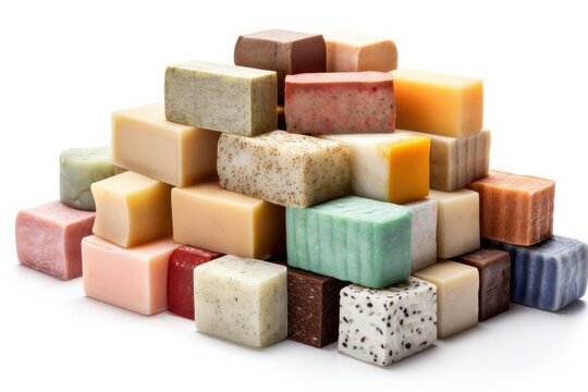Vibrant stack of handmade artisanal soaps, demonstrating an array of colors and textures, promoting a natural, organic lifestyle, generative ai