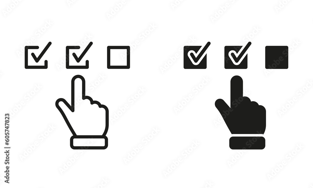 Poster questionnaire black line and silhouette icon set. hand tick checkmark symbol collection. choice chec