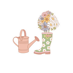 Floral gardening rubber boots with floral bouquet and watering can vector illustration. Flower Power aesthetic design element for planner, sticker, scrapbook, poster, card , pattern, tee shirt