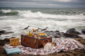 picnic setup on beach - picnic basket, cooler, and blanket among the crashing waves and seagulls, created with generative ai