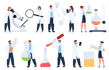 Fototapeta na wymiar Scientists with objects hyperbolized test tubes, microscope, molecule symbol. The concept of chemical, biological research. Vector illustration