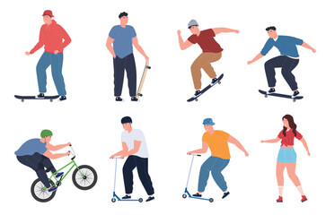 Fototapeta na wymiar Teenagers on skates, scooters, bicycles have fun. Stunt sports, active lifestyle. Vector illustration