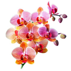 Fototapeta na wymiar Pink orchid branch with orange accents. Floral decoration. Isolated on a transparent background. KI.